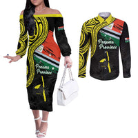Personalised Vanuatu Penama Day Couples Matching Off The Shoulder Long Sleeve Dress and Long Sleeve Button Shirt Grunge Flag Style - Polynesian Pride