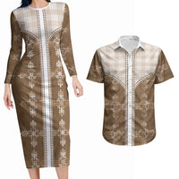 Beige Hawaii Paniolo Quilt Motif Couples Matching Long Sleeve Bodycon Dress and Hawaiian Shirt