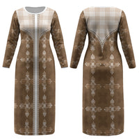 Beige Hawaii Paniolo Quilt Motif Couples Matching Long Sleeve Bodycon Dress and Hawaiian Shirt