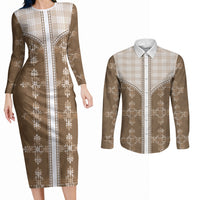 Beige Hawaii Paniolo Quilt Motif Couples Matching Long Sleeve Bodycon Dress and Long Sleeve Button Shirt