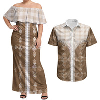 Beige Hawaii Paniolo Quilt Motif Couples Matching Off Shoulder Maxi Dress and Hawaiian Shirt