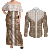Beige Hawaii Paniolo Quilt Motif Couples Matching Off Shoulder Maxi Dress and Long Sleeve Button Shirt
