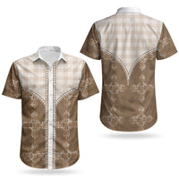 Beige Hawaii Paniolo Quilt Motif Couples Matching Off Shoulder Short Dress and Hawaiian Shirt