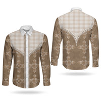 Beige Hawaii Paniolo Quilt Motif Couples Matching Off Shoulder Short Dress and Long Sleeve Button Shirt