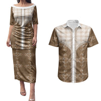 Beige Hawaii Paniolo Quilt Motif Couples Matching Puletasi and Hawaiian Shirt