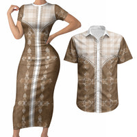 Beige Hawaii Paniolo Quilt Motif Couples Matching Short Sleeve Bodycon Dress and Hawaiian Shirt