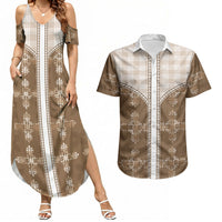 Beige Hawaii Paniolo Quilt Motif Couples Matching Summer Maxi Dress and Hawaiian Shirt
