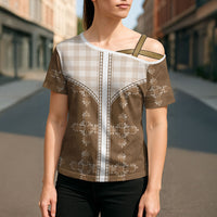 Beige Hawaii Paniolo Quilt Motif Cross Shoulder Shirt