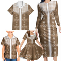 Beige Hawaii Paniolo Quilt Motif Family Matching Long Sleeve Bodycon Dress and Hawaiian Shirt