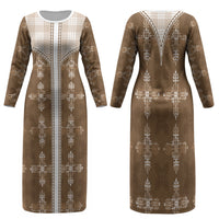 Beige Hawaii Paniolo Quilt Motif Family Matching Long Sleeve Bodycon Dress and Hawaiian Shirt