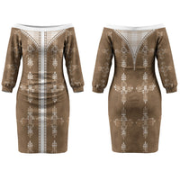 Beige Hawaii Paniolo Quilt Motif Family Matching Off The Shoulder Long Sleeve Dress and Hawaiian Shirt