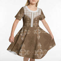 Beige Hawaii Paniolo Quilt Motif Kid Short Sleeve Dress