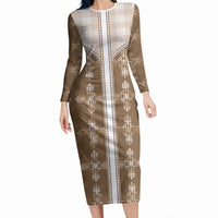 Beige Hawaii Paniolo Quilt Motif Long Sleeve Bodycon Dress