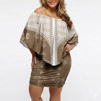 Beige Hawaii Paniolo Quilt Motif Off Shoulder Short Dress