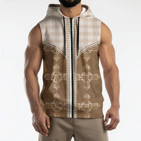 Beige Hawaii Paniolo Quilt Motif Sleeveless Zip Hoodie