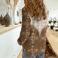 Beige Hawaii Paniolo Quilt Motif Women Casual Shirt