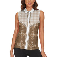 Beige Hawaii Paniolo Quilt Motif Women Sleeveless Polo Shirt