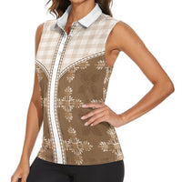Beige Hawaii Paniolo Quilt Motif Women Sleeveless Polo Shirt