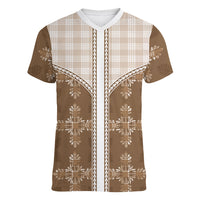 Beige Hawaii Paniolo Quilt Motif Women V-Neck T-Shirt