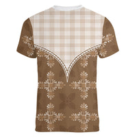 Beige Hawaii Paniolo Quilt Motif Women V-Neck T-Shirt