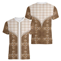 Beige Hawaii Paniolo Quilt Motif Women V-Neck T-Shirt