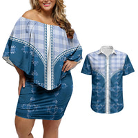Blue Hawaii Paniolo Quilt Motif Couples Matching Off Shoulder Short Dress and Hawaiian Shirt