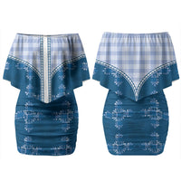 Blue Hawaii Paniolo Quilt Motif Couples Matching Off Shoulder Short Dress and Hawaiian Shirt