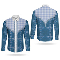 Blue Hawaii Paniolo Quilt Motif Couples Matching Off Shoulder Short Dress and Long Sleeve Button Shirt