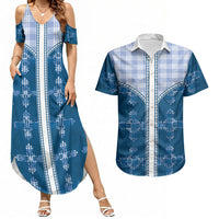 Blue Hawaii Paniolo Quilt Motif Couples Matching Summer Maxi Dress and Hawaiian Shirt
