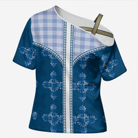 Blue Hawaii Paniolo Quilt Motif Cross Shoulder Shirt