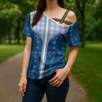 Blue Hawaii Paniolo Quilt Motif Cross Shoulder Shirt