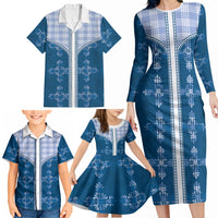 Blue Hawaii Paniolo Quilt Motif Family Matching Long Sleeve Bodycon Dress and Hawaiian Shirt