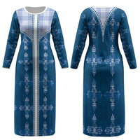 Blue Hawaii Paniolo Quilt Motif Family Matching Long Sleeve Bodycon Dress and Hawaiian Shirt
