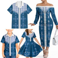 Blue Hawaii Paniolo Quilt Motif Family Matching Off The Shoulder Long Sleeve Dress and Hawaiian Shirt