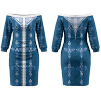 Blue Hawaii Paniolo Quilt Motif Family Matching Off The Shoulder Long Sleeve Dress and Hawaiian Shirt