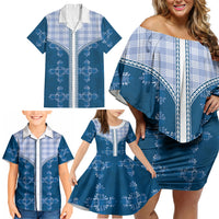 Blue Hawaii Paniolo Quilt Motif Family Matching Off Shoulder Short Dress and Hawaiian Shirt