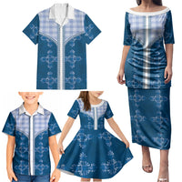 Blue Hawaii Paniolo Quilt Motif Family Matching Puletasi and Hawaiian Shirt