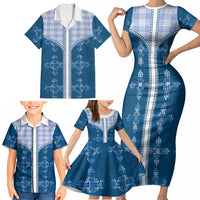 Blue Hawaii Paniolo Quilt Motif Family Matching Short Sleeve Bodycon Dress and Hawaiian Shirt