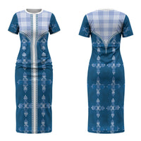 Blue Hawaii Paniolo Quilt Motif Family Matching Short Sleeve Bodycon Dress and Hawaiian Shirt
