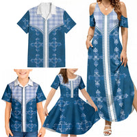 Blue Hawaii Paniolo Quilt Motif Family Matching Summer Maxi Dress and Hawaiian Shirt