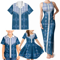 Blue Hawaii Paniolo Quilt Motif Family Matching Tank Maxi Dress and Hawaiian Shirt