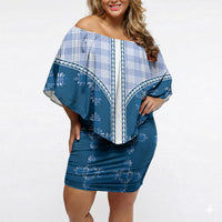 Blue Hawaii Paniolo Quilt Motif Off Shoulder Short Dress