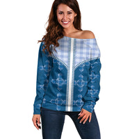 Blue Hawaii Paniolo Quilt Motif Off Shoulder Sweater