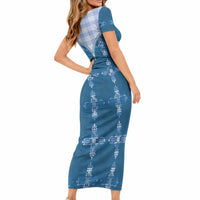 Blue Hawaii Paniolo Quilt Motif Short Sleeve Bodycon Dress