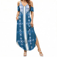 Blue Hawaii Paniolo Quilt Motif Summer Maxi Dress