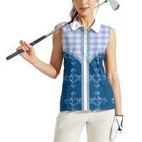 Blue Hawaii Paniolo Quilt Motif Women Sleeveless Polo Shirt