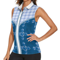 Blue Hawaii Paniolo Quilt Motif Women Sleeveless Polo Shirt