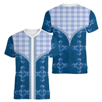 Blue Hawaii Paniolo Quilt Motif Women V-Neck T-Shirt