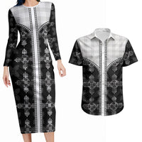 Black Hawaii Paniolo Quilt Motif Couples Matching Long Sleeve Bodycon Dress and Hawaiian Shirt