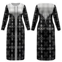 Black Hawaii Paniolo Quilt Motif Couples Matching Long Sleeve Bodycon Dress and Hawaiian Shirt